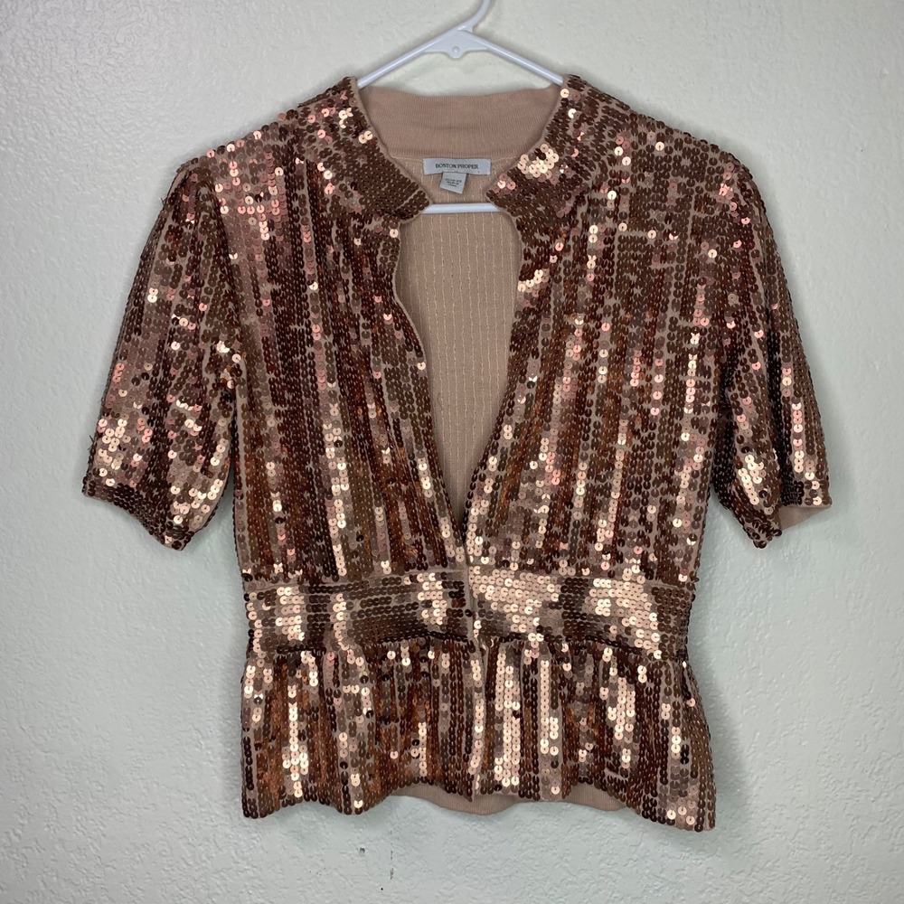 Boston Proper Sequin Peplum Cardigan Rose Gold Short Sleeve Party Size XS